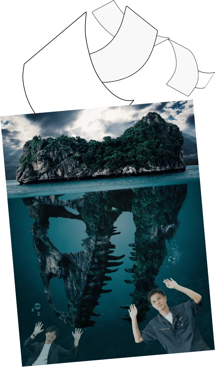 水中部分が恐竜の頭蓋骨になっている島の絵