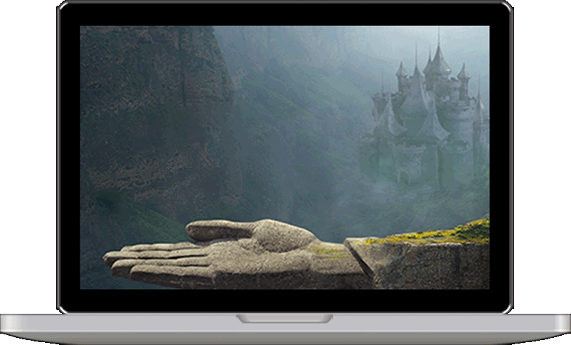 巨石の手の上で宙に浮く女性