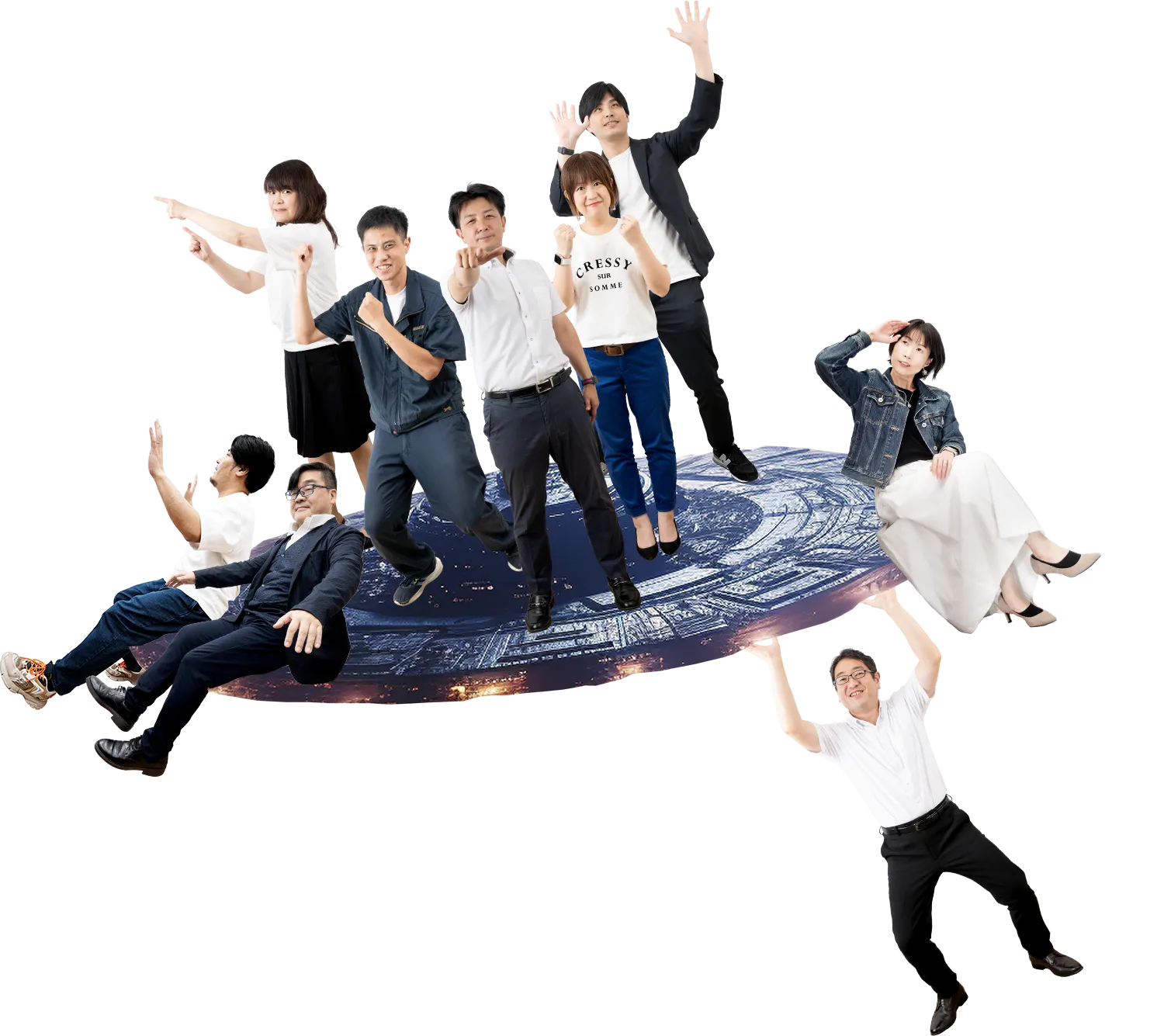 宇宙船に乗ったスタッフたち